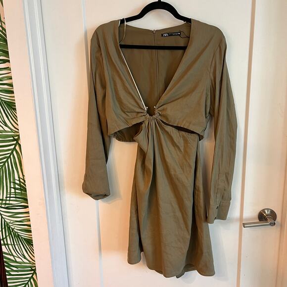 NWT Zara Olive Green Deep V-Neck Side Cut Out Ring Dress Size XXL - Picture 3 of 9